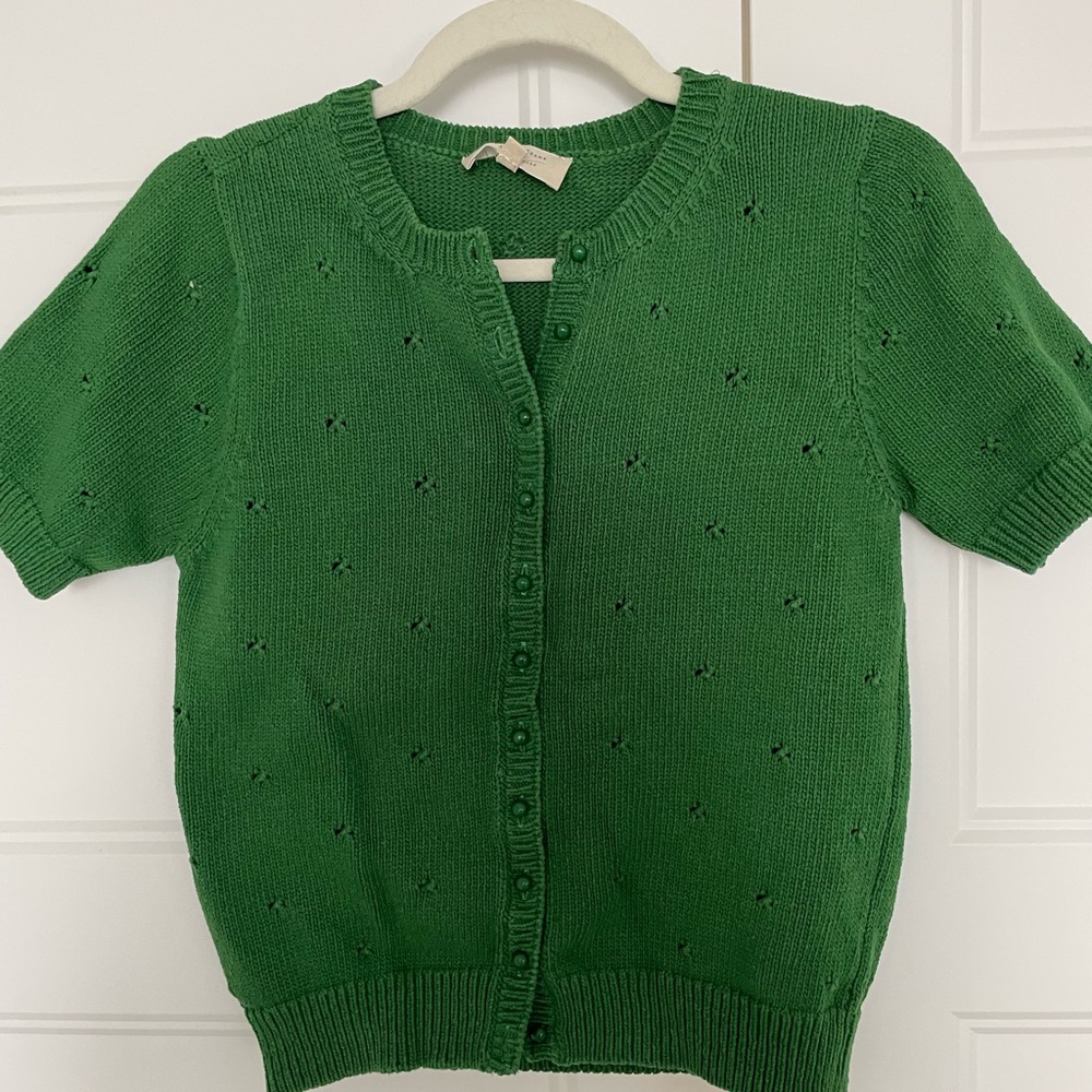 Women’s Green Short-Sleeve crochet detail Knit Cardigan